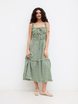 Cider - Square Neck Check Lettuce Trim Ruffle Tie Front Midi Dress