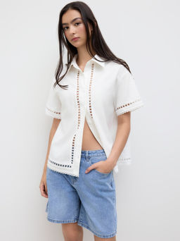 Cider - Linen-blend Hollow Out Polo Collar Shirt