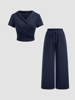 Cider - Cotton-blend Hooded Wrap Top & Mid Rise Elastic Waist Trousers Set