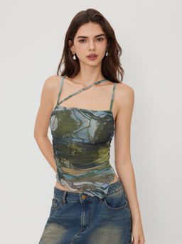 Cider - Mesh Abstract Print Lettuce Trim Asymmetrical Cami Top