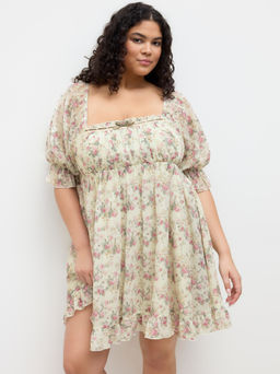 Cider - Chiffon Square Neck Floral Bowknot Ruffle Hem Mini Dress Curve & Plus