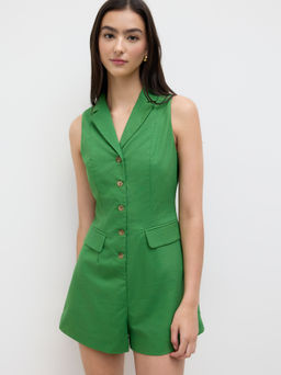 Cider - Linen-blend V-neck Buckle Micro Romper