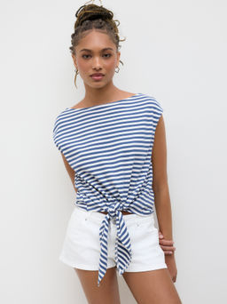 Cider - Cotton-blend Boat Neck Stripe Knotted Tee