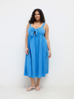 Cider - 100% Cotton Sweetheart Knotted Cut Out Shirred Cami Midi Dress