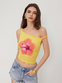 Cider - Asymmetrical Neck Floral Graphic Twist Cami Top