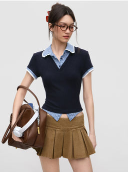 Cider - Polo Neck Gingham Patchy Two Tone Lace Trim Tee