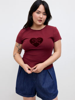 Cider - Cotton-blend Bowknot Heart Lace Trim Ruched Tee Curve & Plus