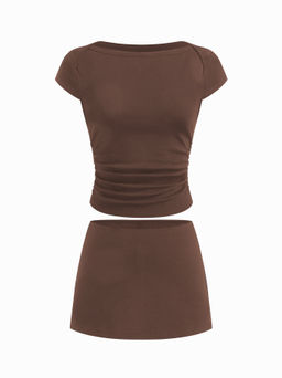 Cider - Cotton-blend Boat Neck Ruched Tee & Mini Skort