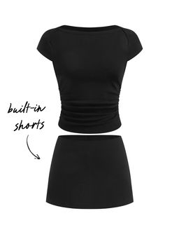 Cider - Cotton-blend Boat Neck Ruched Tee & Mini Skort