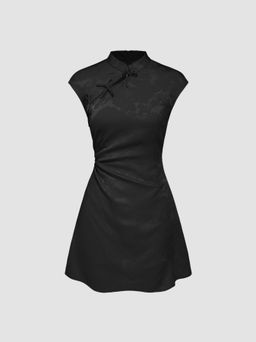 Cider - Satin Mandarin Collar Floral Tie Front Ruched Mini Dress