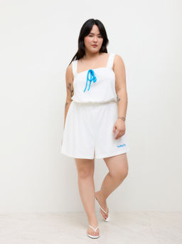 Cider - Terry Square Neck Feeling Salty Embroidery Drawstring Knotted Romper Curve & Plus