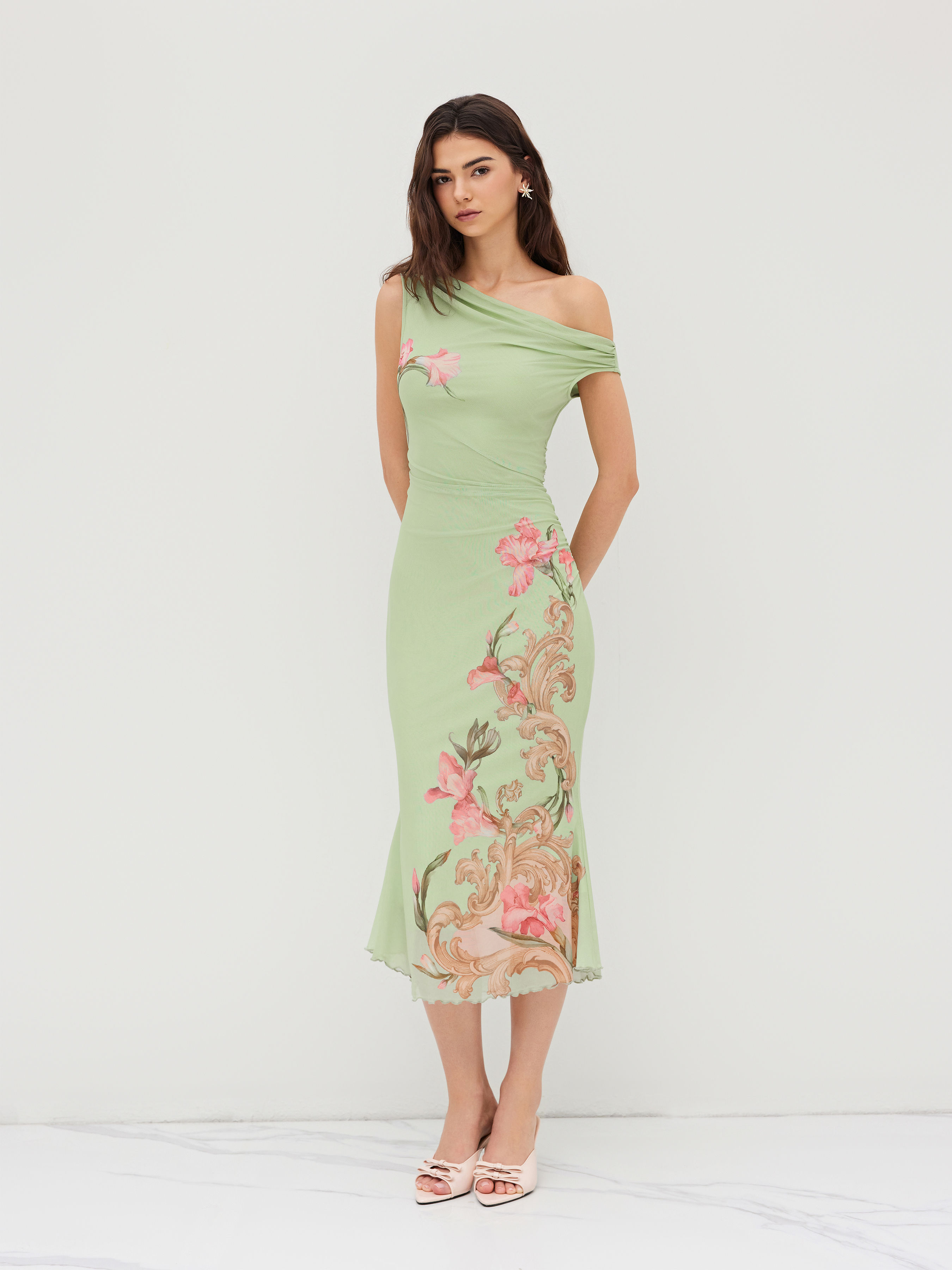 Mesh Asymmetrical Neck Floral Ruched Lettuce Trim Midi Dress-image-5