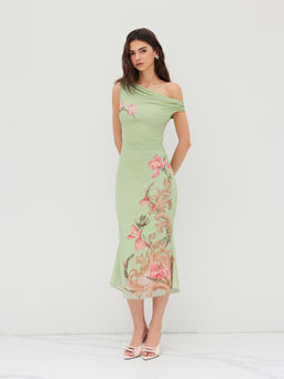 Cider - Mesh Asymmetrical Neck Floral Ruched Lettuce Trim Midi Dress