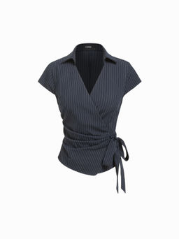 Cider - Cotton-blend Polo Neck Stripe Knotted Blouse