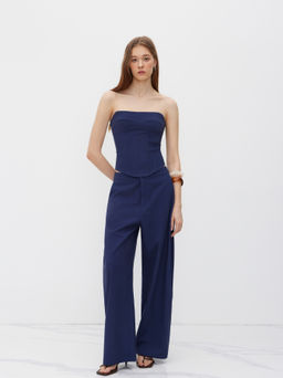 Cider - Linen-blend Lace Up Corset Bandeau Top & Mid Rise Barrel-leg Trousers Set