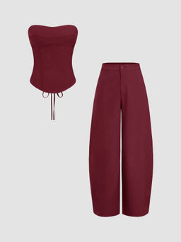Cider - Linen-blend Lace Up Corset Bandeau Top & Mid Rise Barrel-leg Trousers Set
