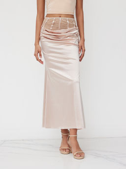 Cider - Satin Low Rise Ruched Lace Maxi Skirt