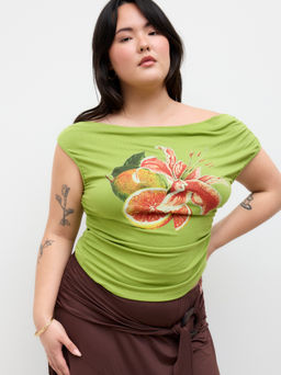 Cider - Asymmetrical Neck Floral Ruched Top Curve & Plus