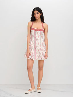 Cider - Halter Neckline Ruffle Hem Floral & Gingham Patched Bowknot Mini Dress