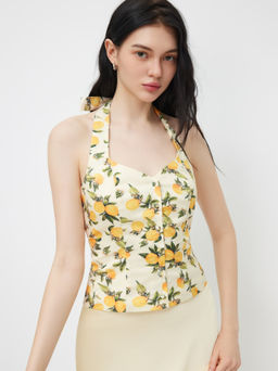 Cider - Halter Neckline Lemon Shirred Bowknot Tank Top