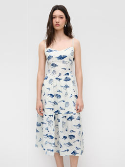 Cider - Sweetheart Neckline Seafoods Pattern Ruffle Lace Up Midi Dress