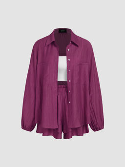 Cider - 3 Pieces Polo Neck Lantern Sleeve Shirt & Cami Crop Top & Lettuce Trim Layered Shorts Set