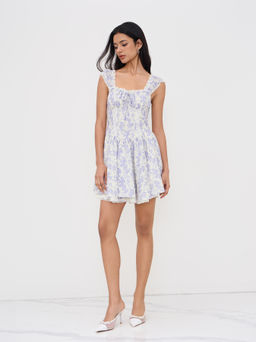 Cider - Sweetheart Floral Lace Trim Ruffle MIni Dress