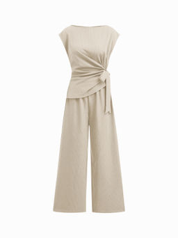 Cider - Boat Neck Stripe Ruched Knotted Straight Leg Jumpsuit