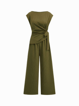 Cider - Boat Neck Stripe Ruched Knotted Straight Leg Jumpsuit