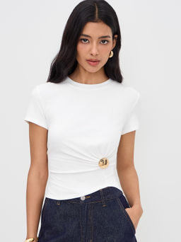 Cider - Round Neckline Ruched Button Short Sleeve Tee