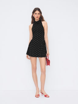 Cider - Halter Neckline Polka Dot Backless Ruffle Mini Dress
