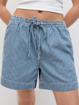 Cider - Denim Mid Rise Elastic Waist Stripes Shorts