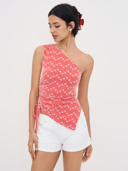 Cider - Jacquard Asymmetrical Neck Floral Stripe Drawstring Top