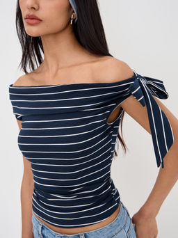 Cider - Cotton-blend Asymmetrical Neck Stripe Ruched Bowknot Top