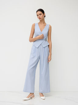 Cider - Linen-blend V-neck Metal Detail Knotted Pleated Wide Leg Jumpsuit