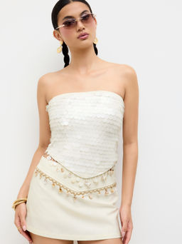 Cider - Sequin Lace Up Tassel Bandeau Top