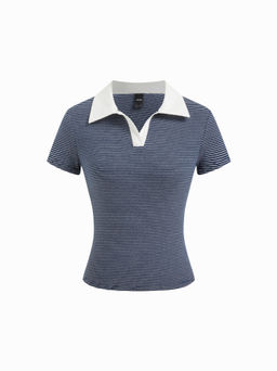Cider - Cotton-blend Polo Neck Stripe Tee