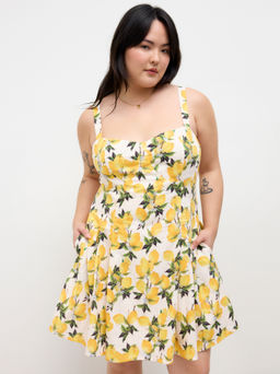 Cider - Cotton Sweetheart Neckline Lemon Shirred Mini Dress Curve & Plus