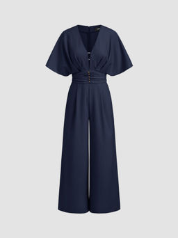 Cider - Linen-blend V-neck Ruched Dolman Sleeve Jumpsuit