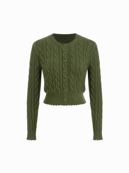 Cider - Cable Knit Round Neckline Button Up Cinched Waist Cardigan