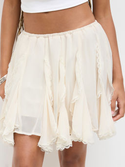 Cider - Chiffon Mid Rise Lace Trim Asymmetrical Ruffle Hem Mini Skirt