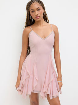 Cider - Chiffon V-neck Lace Trim Ruffle Knotted Mini Dress