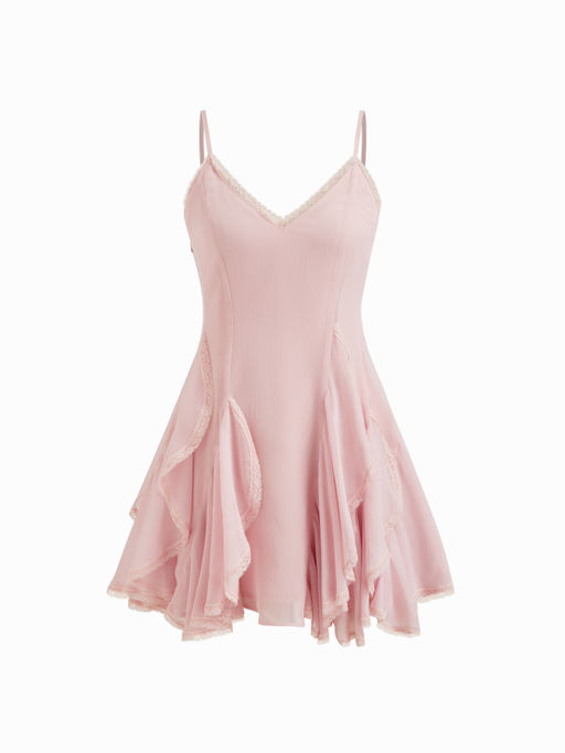 Buy Cider Chiffon V-neck Lace Trim Ruffle Knotted Mini Dress (XS) Online