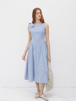 Cider - Cotton Boat Neck Gingham Bowknot Midi Dress