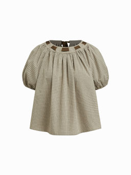 Cider - Cotton Round Neckline Plaid Bowknot Puff Sleeve Blouse