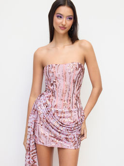 Cider - Sequin Draped Lace Up Corset Bandeau Mini Dress