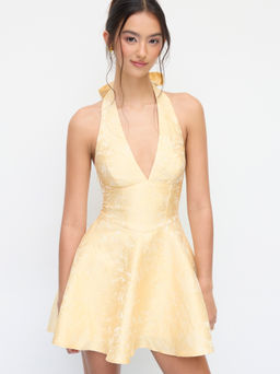 Cider - Jacquard Halter V-neck Lace Up Backless Ruffle Mini Dress