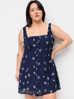 Cider - Square Neck Floral Lace Trim Mini Dress Curve & Plus