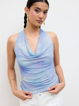 Cider - Mesh Halter Neckline Gradient Ruched Top