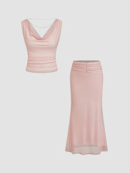Cider - Mesh Cowl Neck Pearl Detail Top & Mid Rise Mermaid Maxi Skirt Set